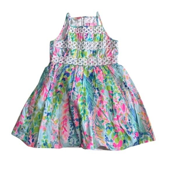 Lilly Pulitzer Girls Elise Dress Size 4 In Catch The Wave Print With Eyelet Deta - Picture 1 of 7